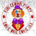 Fun clowns party invitation. Funny happy laughing clown with hat and nose illustration