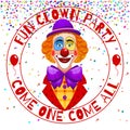 Fun clowns party invitation. Funny happy laughing clown with hat and nose vector illustration