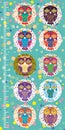 Fun colored owls on blue background Children height meter wall sticker, kids measure. Vector