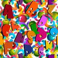 Fun colorful ABC english letters, squiggles, doodles, circles, balls, polka dots seamless pattern. Vector multicolor bright funny