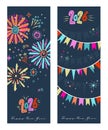 Fun and colorful Happy New Year banners with garlands and firework, hand drawn - vector design Royalty Free Stock Photo