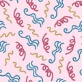 Fun colorful line seamless pattern in doodle style. Trendy design with basic shapes. Abstract squiggle style drawing