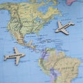 Fun Colorful North America USA travel map with airplanes