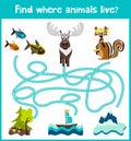 Fun and colorful puzzle game for children's development find where a deer, striped Chipmunk and fish. Training mazes for preschool