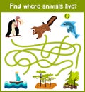 Fun and colorful puzzle game for children's development find where a deer, striped Chipmunk and fish. Training mazes for preschool Royalty Free Stock Photo