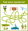 Fun and colorful puzzle game for children's development find where a deer, striped Chipmunk and fish. Training mazes for preschool Royalty Free Stock Photo