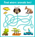 Fun and colorful puzzle game for children's development find where a deer, striped Chipmunk and fish. Training mazes for preschool Royalty Free Stock Photo