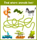 Fun and colorful puzzle game for children's development find where a deer, striped Chipmunk and fish. Training mazes for preschool Royalty Free Stock Photo