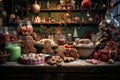 A fun and colorful scene showing gingerbread men and women being decorated with icing and candy in a kitchen