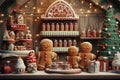 A fun and colorful scene showing gingerbread men and women being decorated with icing and candy in a kitchen