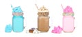 Colorful cotton candy and smores summer milkshakes in mason jars isolated on white