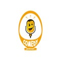 Fun and Comedy Podcast Logo Design. With a yellow microphone and a funny face icon. Simple and funny logo