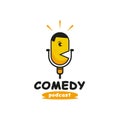 Fun and Comedy Podcast Logo Design. With a yellow microphone and a funny face icon. Simple and funny logo