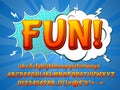 Fun comic font. Funny typeface, 3d colorful letters and cartoon explosion. Children typography alphabet recent numbers Royalty Free Stock Photo