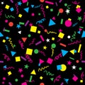 Fun Confetti Design with Bright Bold Colors on Black Background Seamless Repeating Pattern Vector