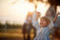 Fun on countryside,smiling girl on horse farm