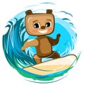 Fun cute Bear goes in for sports on the water. Summer vacation in tropic ocean. Adventure and travel on wave. Surf Royalty Free Stock Photo