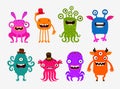 Fun cute cartoon monsters. Set icons vector illustration Royalty Free Stock Photo