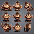 Fun cute emotional monkey set with different smiles. Cartoon animal, various emotions concept. Generative AI