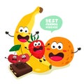 Fun and cute fruits combined with chocolate, cherry, strawberry, banana and orange. Quote in bubble. Best friends forever. Vector