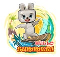 Fun cute Hare goes in for sports on the water. Hello summer. Surf tube. Summer vacation in tropic ocean. Adventure and Royalty Free Stock Photo