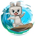 Fun cute Hare goes in for sports on the water. Summer vacation in tropic ocean. Adventure and travel on wave. Surf