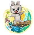 Fun cute Hare goes in for sports on the water. Surf tube. Summer vacation in tropic ocean. Adventure and travel on wave