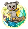 Fun cute Mouse goes in for sports on the water. Surf tube. Summer vacation in tropic ocean. Adventure and travel on wave