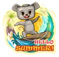 Fun cute Mouse goes in for sports on the water. Surf tube. Summer vacation in tropic ocean. Hello summer. Adventure and Royalty Free Stock Photo