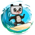 Fun cute panda Bear goes in for sports on the water. Summer vacation in tropic ocean. Adventure and travel on wave. Surf