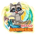 Fun cute Raccoon goes in for sports on the water. Surf tube. Summer vacation in tropic ocean. Adventure and travel on