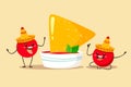 Fun and cute tomatoes in a sombrero with a cup of sauce and nachos chips. Vector illustration in cartoon flat style.