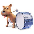 Fun 3d puppy dog cartoon character playing the bass drum, 3d illustration