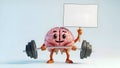 Brain Training Cartoon Brain Lifting Weights, Holding Blank Sign Royalty Free Stock Photo