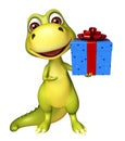 Fun Dinosaur cartoon character with gift box