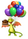 Fun Dragon cartoon character with cake and balloon Royalty Free Stock Photo