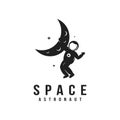 Fun explorer space astronaut mascot logo icon vector, astronaut hang on the moon logo