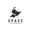 Fun explorer space astronaut riding a rocket mascot logo icon vector template