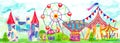 Fun fair panorama. Amusement park banner. Circus, carnival theme. Ferris wheel, fair ride, carousels, attraction Royalty Free Stock Photo