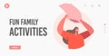 Fun Family Activities Landing Page Template. Woman Fight with Pillow, Mess, Girl Fighting on Pillows, Fooling at Home