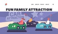Fun Family Attraction Attraction Landing Page Template. Boys and Girls Characters Riding r Bumper Car in Amusement Park Royalty Free Stock Photo