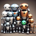 A portrait of a family of robots, depicting large and baby robots, generated by AI. Royalty Free Stock Photo