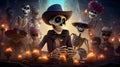 Fun, festive, cheerful skeletons and skeletons around, candles and darkness darkness. For the day of the dead and Halloween