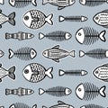 Fun fish bones pattern in black and white line drawing and grey blue background. Vector art print design.