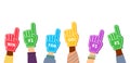 Fun foam finger. Finger of fan with number one. Hand in baseball, football glove with number 1. Icon of forefinger for first place Royalty Free Stock Photo