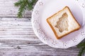 Fun food for kids and adults to toast the festive lunch on Christmas New Year of white bread in the shape trees Royalty Free Stock Photo