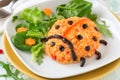 Cute ladybug shaped risotto with fresh salad for kids Royalty Free Stock Photo