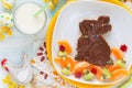 Easter bunny chocolate spread sandwich with fruits for kids