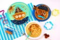 Fun food. Pancakes with berries for kids. pirate and ship boat. Breakfast for children. Royalty Free Stock Photo