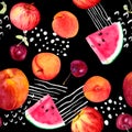 Fun fruit motif with apricot, peach, cherry, watermelon - summer fruits. Seamless pattern with random lines and dots -